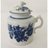 A Caughley lidded mustard pot with three flowers pattern and decorative flower finial to lid.