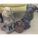 2 concrete garden boxer dog statues, together with a boxer dog house name/number plaque.