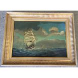 Oil on wood panel of a sailing ship in full sail.