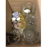 A box of assorted ceramics, glass and cutlery items.