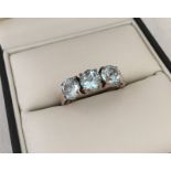 Silver trilogy ring set with 3 large blue topaz stones.