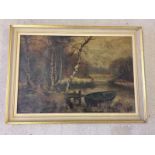 A 19th century framed oil on canvas depicting a river scene with poacher in foreground.