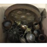 A box of assorted vintage brass, copper and pewter metalware items.