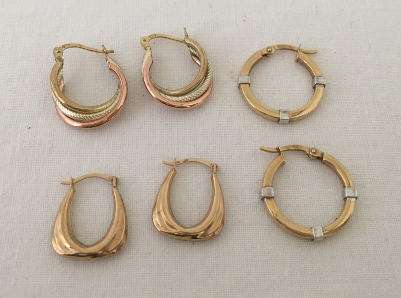 3 pairs of 9ct gold hoop earrings.