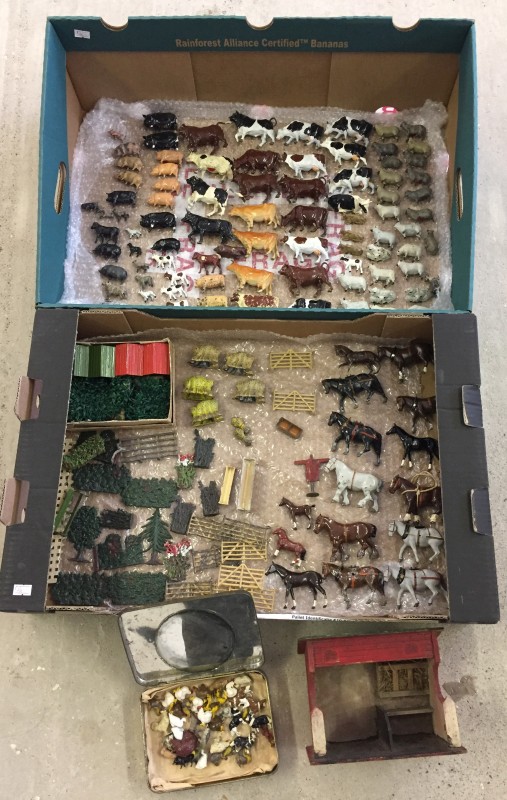 2 large boxes of vintage lead farm animals and items.