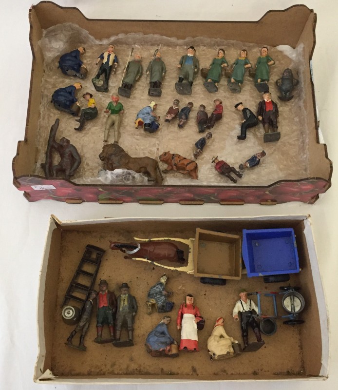 2 trays of vintage lead figures and carts.