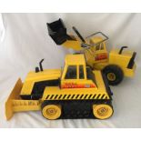 2 Yellow Tonka Truck vehicles. A Loader and a caterpillar track bulldozer.