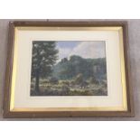 Signed watercolour landscape, with ruined castle atop a hill, with sheep grazing below.