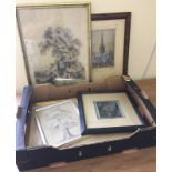 5 vintage framed and glazed pictures to include pencil sketches of trees.
