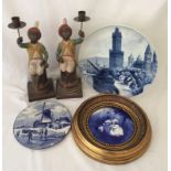 3 items of blue & white ceramics together with a pair of ornate resin candlesticks.