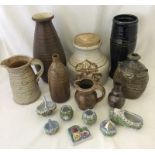 8 items of studio pottery together with a quantity of Victorian Moss Ware items.