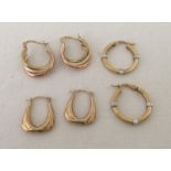 3 pairs of 9ct gold hoop earrings.