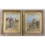 A pair of Victorian gilt framed oils on board. A street scene together with a gatehouse.