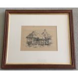 A framed and glazed pencil and chalk sketch of a cottage with thatched shed and stile.