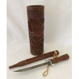 A Chinese carved bamboo large brush holder & sword with carved wood handle & sheath.