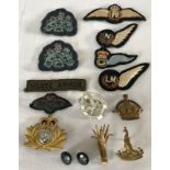 A collection of military cloth and metal badges.