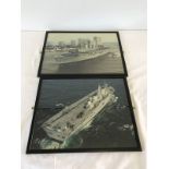 2 photographs of Aircraft Carriers, both with Harriers on deck.