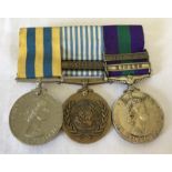 A set of 3 medals. A General Service Medal 2 bars, British UN and UN Korea medals.