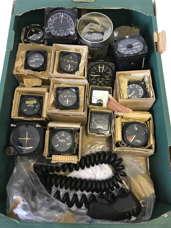 A box of circa 1950-60's aircraft gauges.