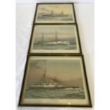 3 vintage W. Fred Mitchell coloured prints of warships.