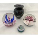 4 misc glass paperweights.