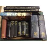 A box of vintage atlas' and Dictionaries.