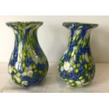 A pair of Millefiori glass vases of green, blue and white coloration.