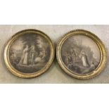2 early 20th century circular gilt framed coloured prints of classical scenes.