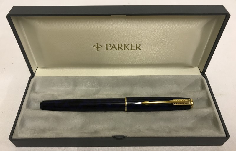 A boxed Parker Sonnet fountain pen in blue & black colour.
