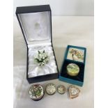 2 boxed and 4 unboxed Halcyon Days enamelled trinket/pill boxes by Bilston and Battersea enamels.