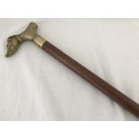 A wooden walking stick with brass Greyhound handle and enclosed spirit flask.