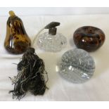 2 amber blown glass fruit paper weights - apple & pear.