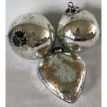 3 large French silvered glass Christmas tree decorations.