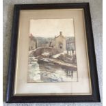 A large vintage watercolour depicting a village river scene, signed to lower left Hayward Youne.