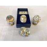 1 boxed and 3 unboxed Halcyon Days enamelled eggs by Bilston and Battersea enamels.