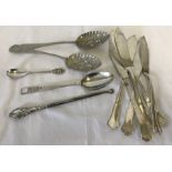 A collection of silver plate cutlery. Together with a silver handled button hook.