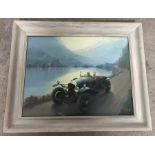 A.B. Dow - acrylic on paper of a vintage car on a continental lakeside road.