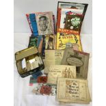 A collection of vintage movie sheet music, theatre programmes, cigarette cards & stamps.