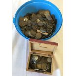 A tub and box of vintage coins