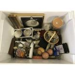 A box of assorted items to include cribbage board, marbles, costume jewellery & pipes.