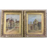 A pair of Victorian gilt framed oils on board. A street scene together with a gatehouse.