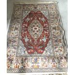 A Eastern European design rug in cream, red, blue and gold.