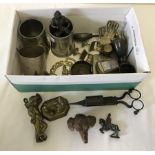 A box of small metal ware items to include brass, pewter and silver plate.