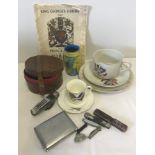 A collection of misc. items to include commemorative ware ceramics.