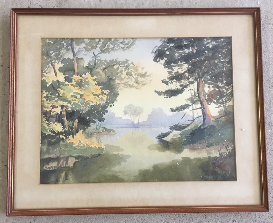 A framed & glazed watercolour of the "Moat at Michelham Priory" by G M Hossbach.