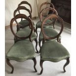 6 antique cabriole leg balloon back chairs with green upholstery.