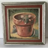 Paul Seymour (Suffolk artist) oil on board of mice in a flower pot.