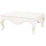 A large white country style wooden square coffee table with cabriole shaped legs.