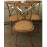 3 modern natural oak dining chairs with chrome crossover detail to back and padded rush seats.