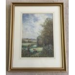 A framed and glazed watercolour of children picking flowers by a river.